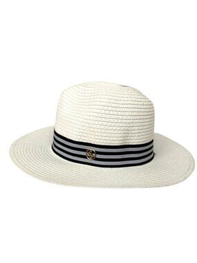 Adrienne Vittadini White Straw Hat Black & Gray Ribbon New